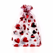 Organza - chiffonpose med røde hjerter. 120 mm. Hvid. 10 stk.